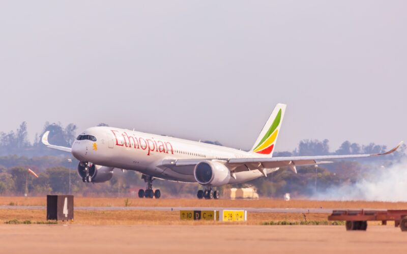 An Ethiopian Airlines Airbus A350 900 aircraft landing in Lusaka Zambia