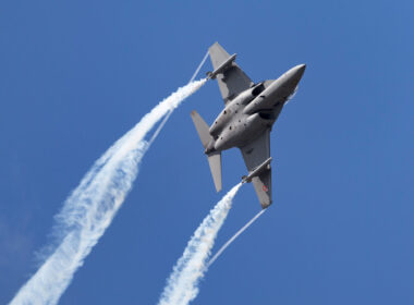 An M-346 trainer jet flying