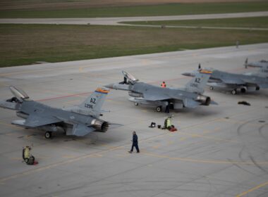 Arizona Air National Guard F-16 fighters lined upon the apron