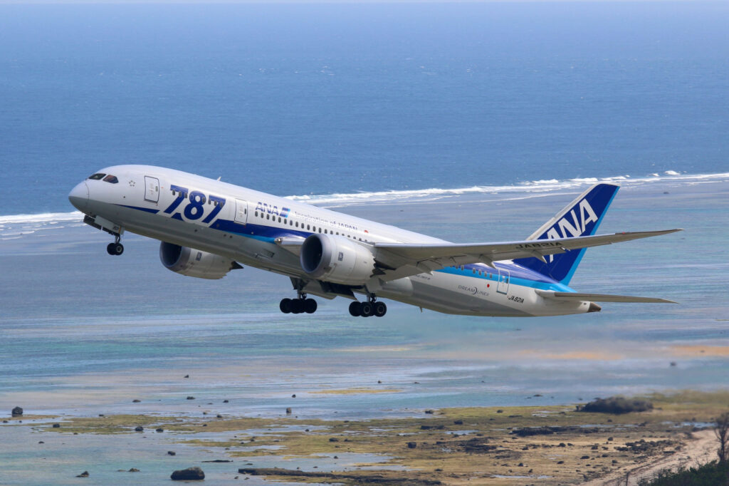 Ishigaki Japan   October 14 2015 ANA All Nippon Airways Boeing 787 8 airplane at Ishigaki airport in Japan