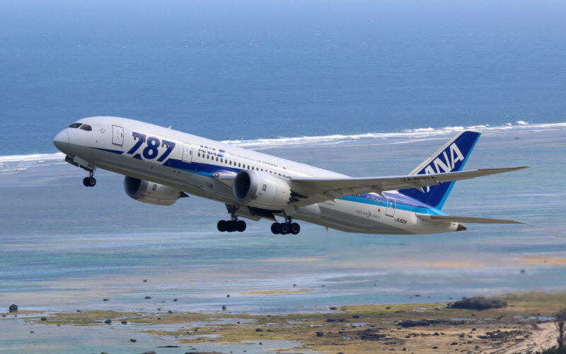 Ishigaki Japan   October 14 2015 ANA All Nippon Airways Boeing 787 8 airplane at Ishigaki airport in Japan