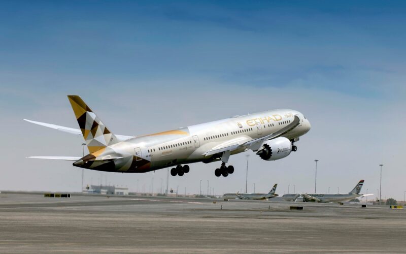 Etihad Airways Boeing Dreamliner B787 aircraft takes off from the runway at airport