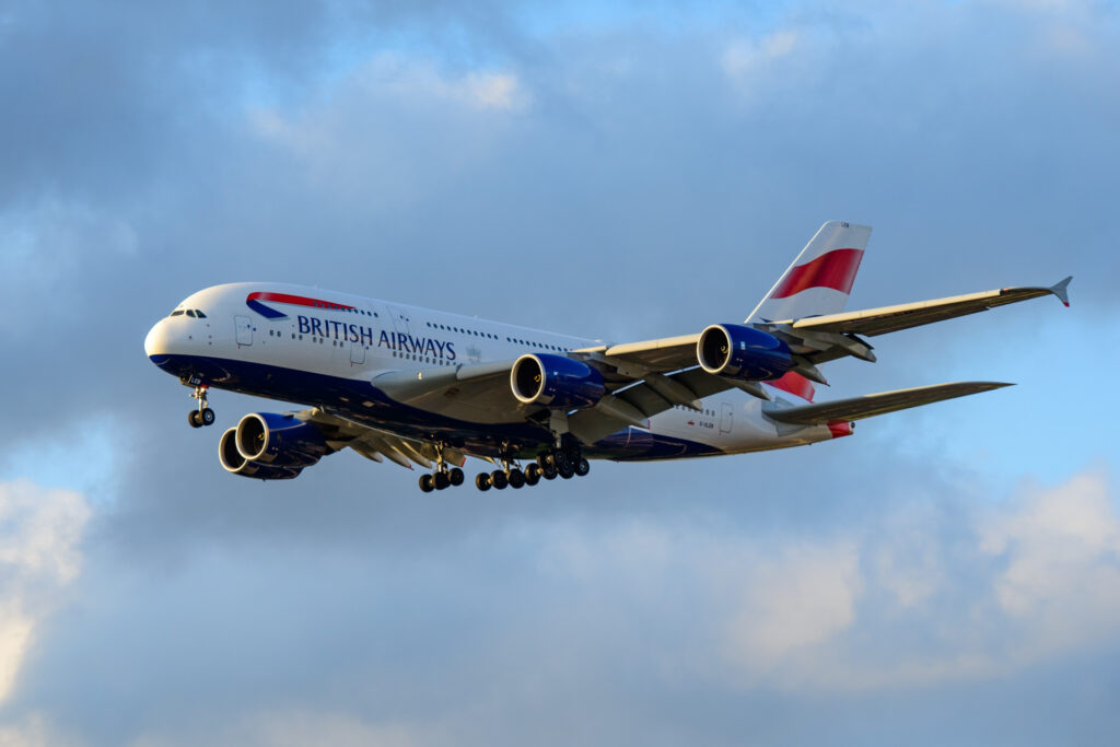 British Airways A380 lands at sunset