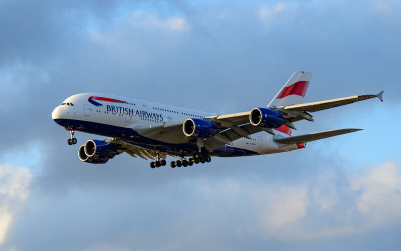 British Airways A380 lands at sunset