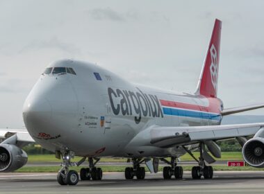 Video showed a Cargolux Boeing 747-400F experiencing an engine strike upon landing at LUX