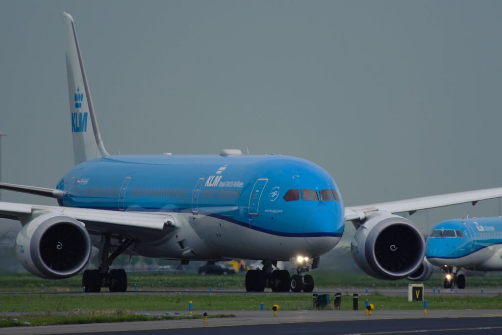 Close up of Boeing 787 Dreamliner PH BHI of KLM Airlines taxiing to runway before departure Schiphol Airport in Amsterdam