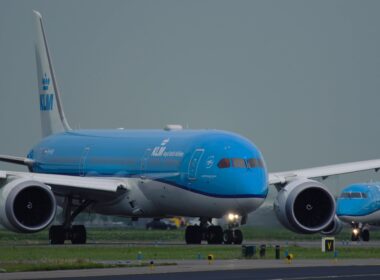 Close-up of Boeing 787 Dreamliner PH-BHI of KLM Airlines taxiing to runway before departure. Schiphol Airport in Amsterdam