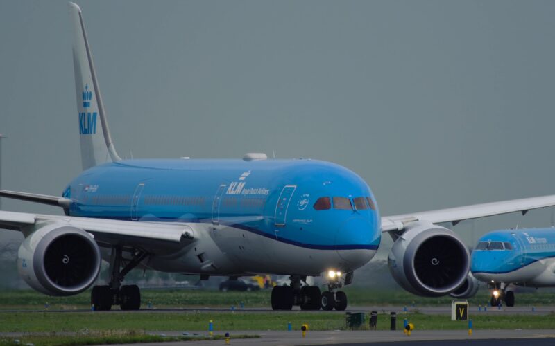 Close up of Boeing 787 Dreamliner PH BHI of KLM Airlines taxiing to runway before departure Schiphol Airport in Amsterdam