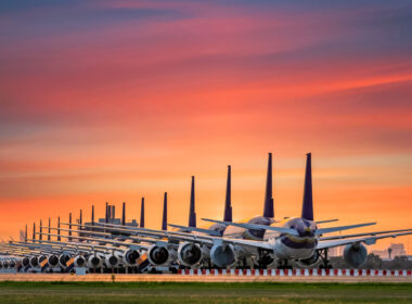 Commercial airplane parking at the airport are stopped effect by covid-19 pandemic around the world economic down crisis