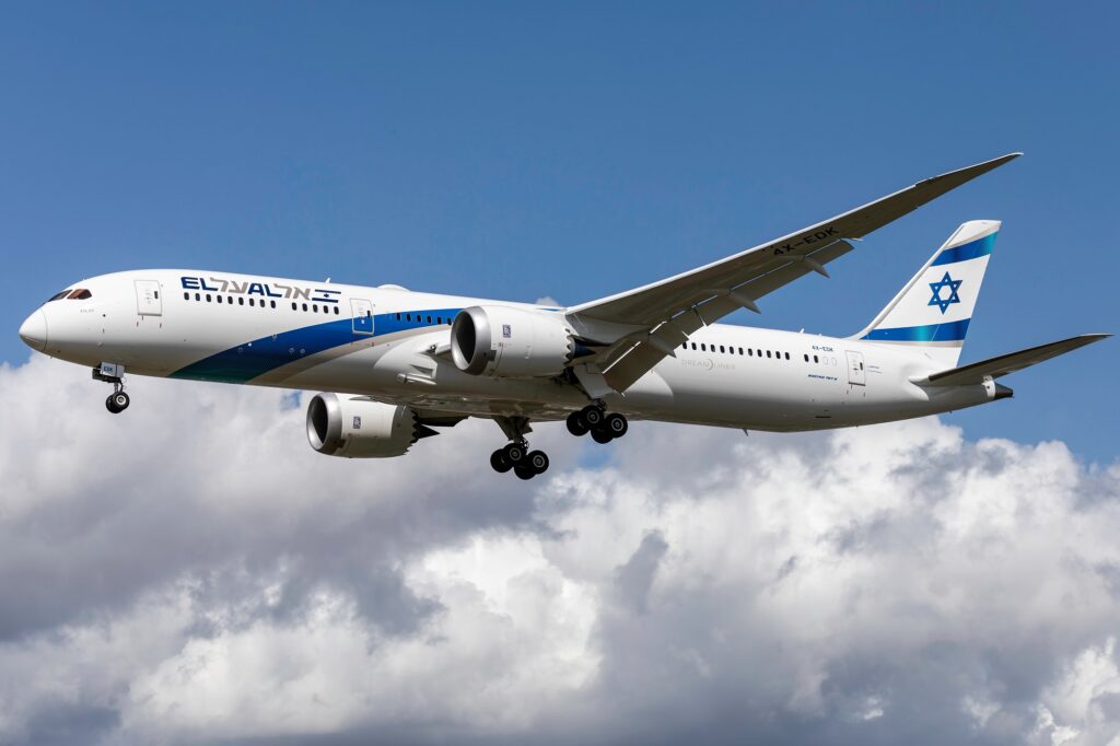 El Al flight in the air as it travels to a destination