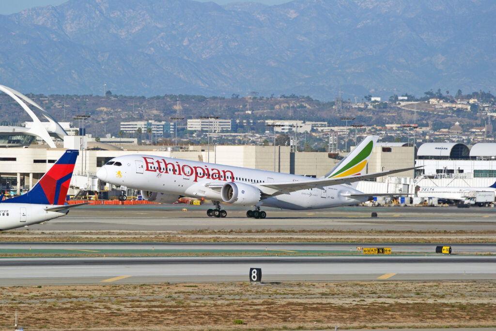 Ethiopian Airlines Boeing 787 8 Dreamliner aircraft is airborne as it departs Los Angeles International Airport Los Angeles California USA