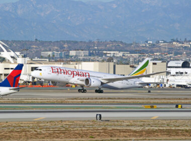 Ethiopian Airlines Boeing 787-8 Dreamliner aircraft is airborne as it departs Los Angeles International Airport, Los Angeles, California USA