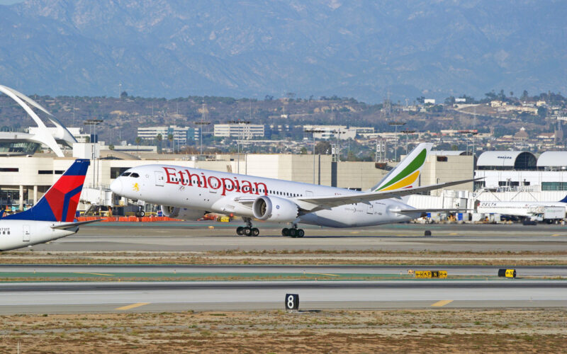 Ethiopian Airlines Boeing 787 8 Dreamliner aircraft is airborne as it departs Los Angeles International Airport Los Angeles California USA