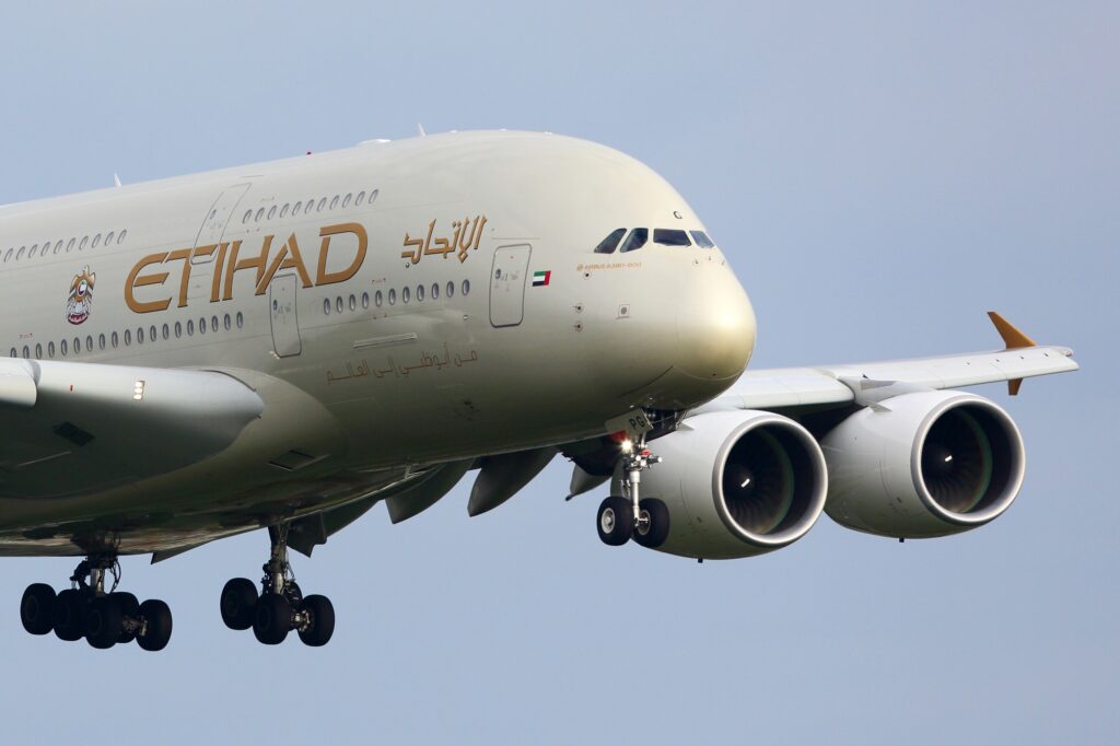 Etihad Airways first Airbus A380 out of storage arrived at Abu Dhabi International Airport AUH