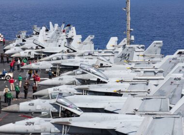 F-18 Super Hornets onboard the USS Gerald R. Ford aircraft carrier in the Eastern Mediterranean