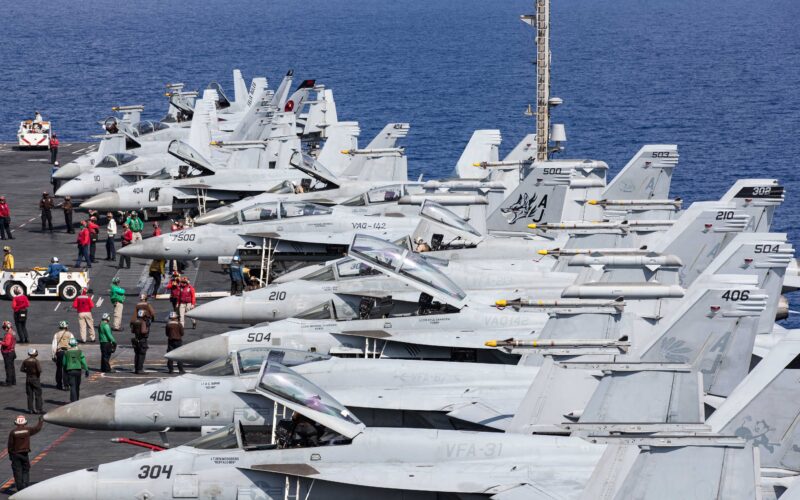 F-18 Super Hornets onboard the USS Gerald R. Ford aircraft carrier in the Eastern Mediterranean