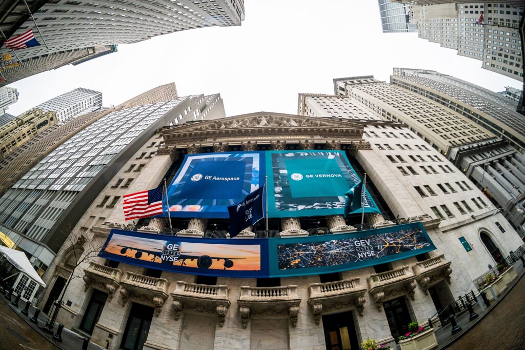 GE Vernova and GE Aerospace on the facade of the New York Stock Exchange