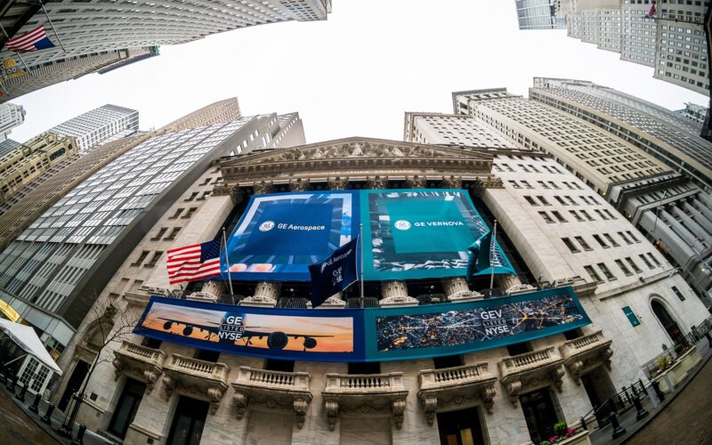 GE Vernova and GE Aerospace on the facade of the New York Stock Exchange