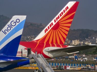 An Indigo A320 and Air India 777 parked at Sahar (Mumbai) International airport