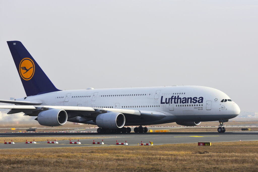 LUFTHANSA Airbus A380 800 to New York takes off from airport FrankfurtGermany