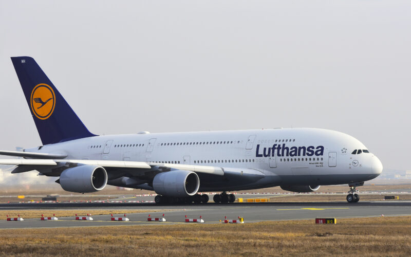 LUFTHANSA Airbus A380 800 to New York takes off from airport FrankfurtGermany