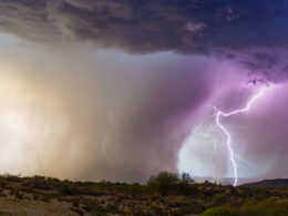 Lightning illuminates a microburst from a monsoon thunderstorm in the Arizona desert