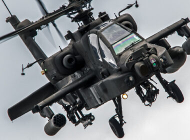 Military attack helicopter flying.