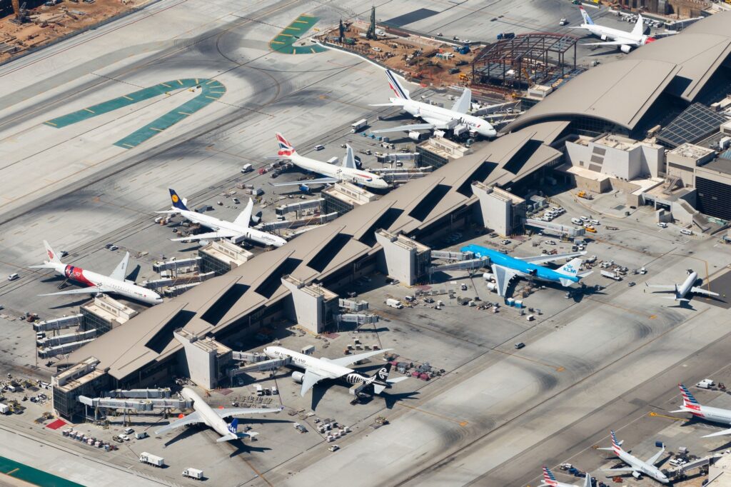 Multiple wide body aircraft of Airbus and Boeing at Los Angeles Airport LAX