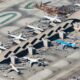 Multiple wide body aircraft of Airbus and Boeing at Los Angeles Airport LAX