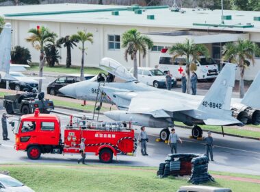 Naha Air Base in Okinawa Japan evacuated its F-15 fighter jets