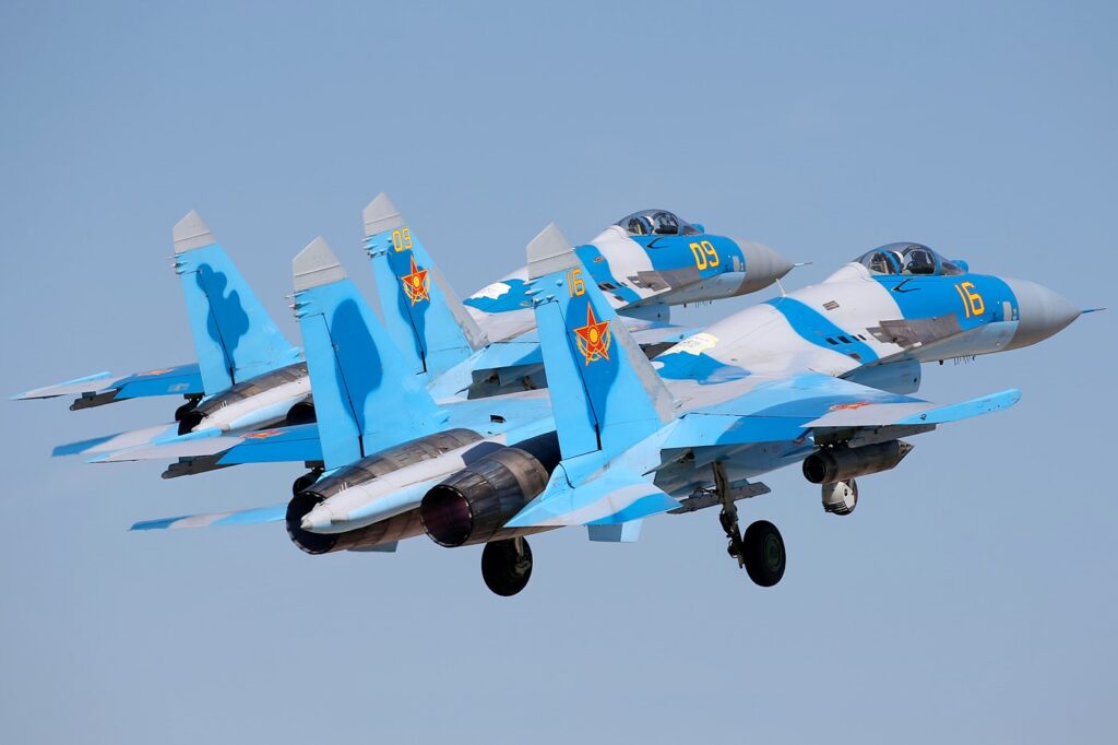 Pair of Kazakh Sukhoi Su-27P fighters flying in formation