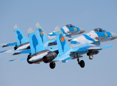 Pair of Kazakh Sukhoi Su-27P fighters flying in formation