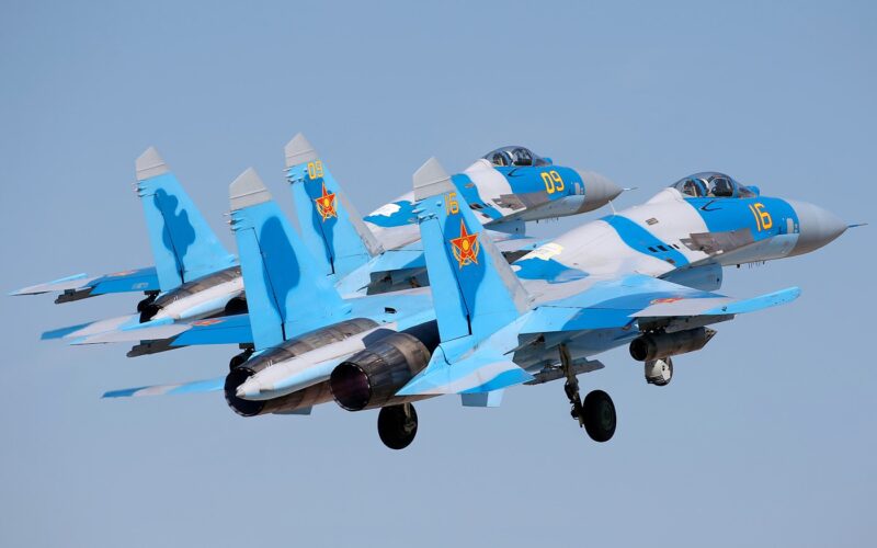 Pair of Kazakh Sukhoi Su-27P fighters flying in formation