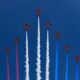 Formation of RAF Red Arrows with coloured trails on blue sky for flypast at Trooping the Colour for Queen Elizabeths 93rd birthday London England   June 8 2019