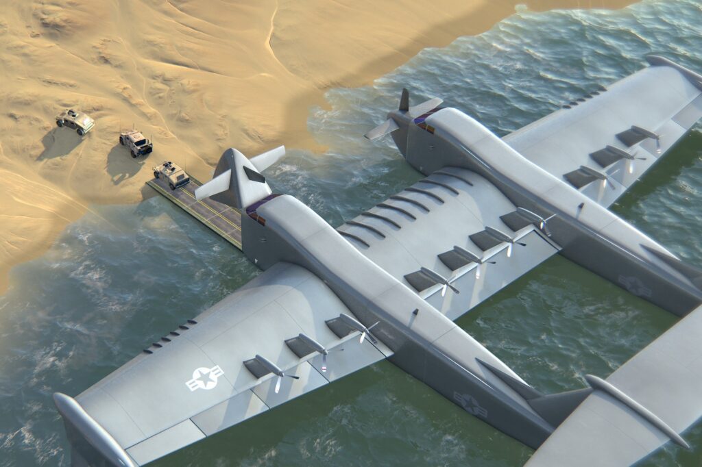 Render of the Liberty Lifter ground effect aircraft delivering vehicles on a beach