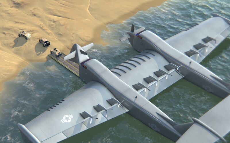 Render of the Liberty Lifter ground effect aircraft delivering vehicles on a beach