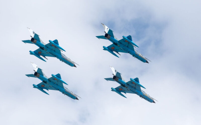 Romanian MiG-21 LanceR fighters flying in formation