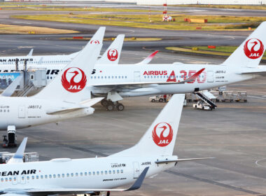 Several Japan Airlines aircraft parked