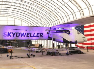 Skydweller aircraft in hangar during unveiling event.