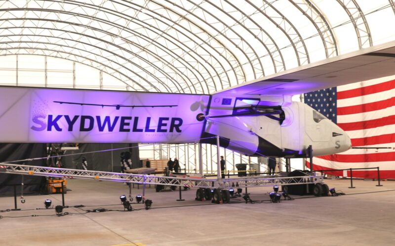 Skydweller aircraft in hangar during unveiling event