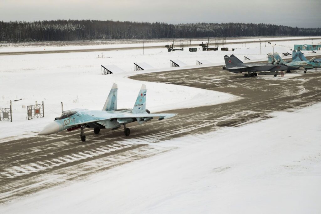 Su 27 and miG 31 fighter jets at Russias Khotilovo airbase