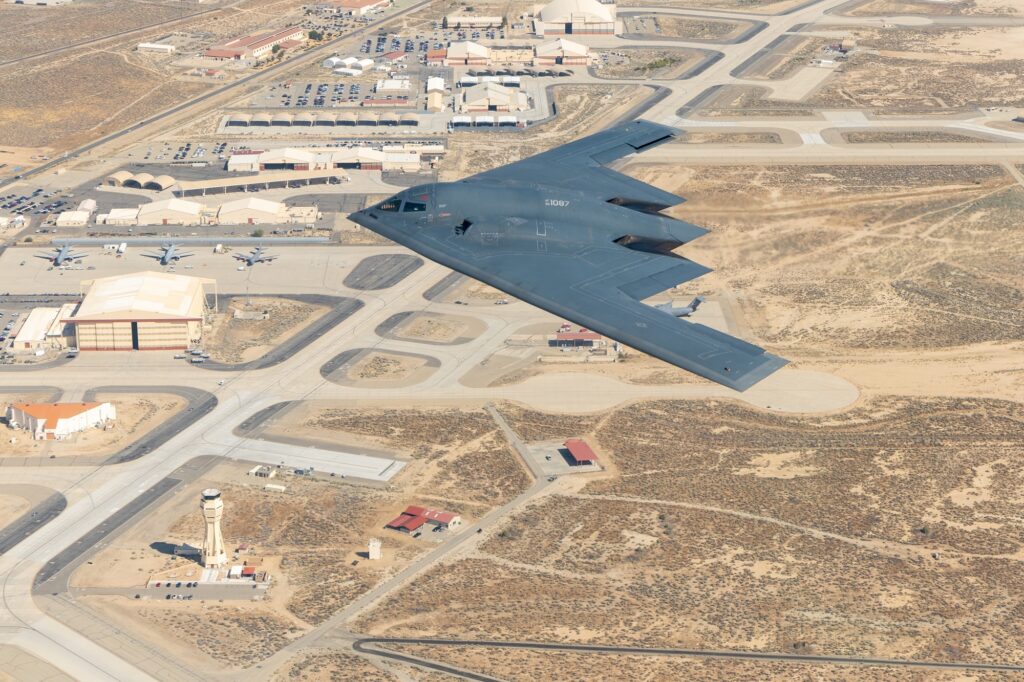 The B-2 Spirit of Pennsylvania flying above Edwards Air Force Base