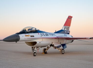 The F-16 Viper Demonstration Team aircraft in 50th anniversary paint scheme