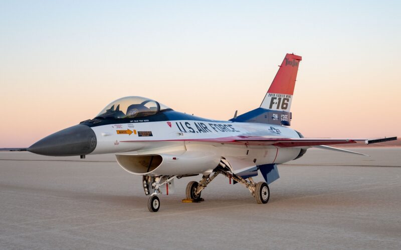 The F-16 Viper Demonstration Team aircraft in 50th anniversary paint scheme