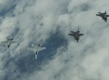 U.S. Air Force F-35s and Finnish Air Force Hornets flying in formation