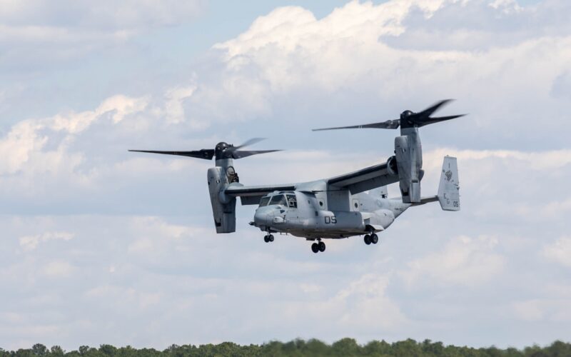 U.S. Marine Corps MV-22 Osprey tiltrotor aircraft flying