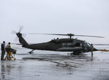 US National Guard UH-60L Black Hawk helicopter picking up patient