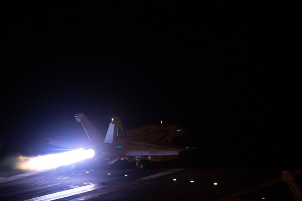 US Navy Super Hornet taking off prior to strikes against Yemen