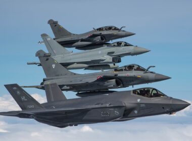 U.S. Air Force, French and Royal Air Force fighter aircraft participate in formation flight