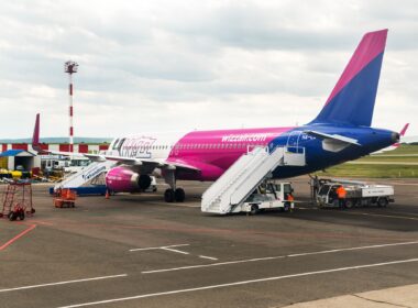 A Wizz Air plane parked at Chisinau Airport in Moldova